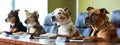 Focused dogs as members of board in a row in a meeting.