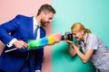 Focused on dust. Attentive reporter capture dirty reportage. Too much attention detail. Shooting through clean camera Royalty Free Stock Photo