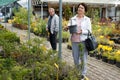 Focused elderly male and female consumers picking potted plants and bushes in outdoor garden market Royalty Free Stock Photo