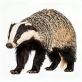 Focused european badger exploring, showcasing distinctive markings and patterns on white background Royalty Free Stock Photo