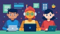 With focused expressions the young programmers carefully adjust the code on their laptops as their robot creations
