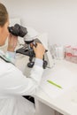 Focused female science student looking in a microscope in a laboratory Royalty Free Stock Photo