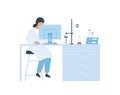 Focused female scientist sitting at desk working on computer vector flat illustration. Woman in white coat at science