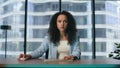 Focused girl moving virtual pieces sitting desk closeup. Woman typing keyboard