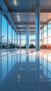 Focused on glass doors: Abstract backdrop shows empty office lobby through curtain wall.