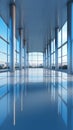Focused on glass doors: Abstract backdrop shows empty office lobby through curtain wall. Royalty Free Stock Photo