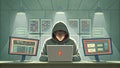 focused hacker in hoodie works on laptop surrounded by screens displaying data and code, creating tense atmosphere