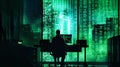 A focused hacker sits at a desk, intensely working on a computer monitor, surrounded by digital tools