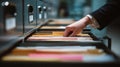Focused Hand Selecting a Confidential Document from an Office Archive. Royalty Free Stock Photo