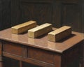 A focused image of three metal bars in bronze, gold, and silver Royalty Free Stock Photo