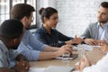 Focused Indian female employee presenting and explaining project Royalty Free Stock Photo