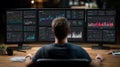 A focused individual analyzing complex financial data on multiple monitors in a dark office Royalty Free Stock Photo