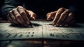 close up of hands analyzing financial documents with a pen, suggesting business, investment, or auditing in a dimly lit environmen Royalty Free Stock Photo