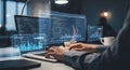 Focused programmer coding with futuristic interface on laptop screen Royalty Free Stock Photo