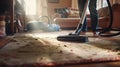 A focused individual diligently vacuuming a heavily soiled carpet, visible dirt partic, AI generated