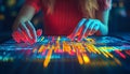futuristic data analysis interface with hands interacting with glowing digital information and vibrant color gradients on a sleek Royalty Free Stock Photo