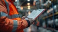 Focused industrial worker with clipboard checking inventory in a well-lit factory setting Royalty Free Stock Photo