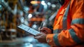 Focused industrial worker with clipboard checking inventory in a well-lit factory setting Royalty Free Stock Photo
