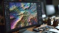 Focused interface of a computer displaying layered hyperrealistic terrain maps generated by adversarial networks Royalty Free Stock Photo