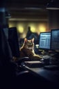 Focused kitten working at home office in front of computer. Cute cat siting at computer.