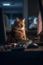 Focused kitten working at home office in front of computer. Cute cat siting at computer.