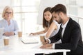 Focused male employee sign work contract at business meeting Royalty Free Stock Photo