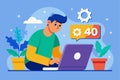 A focused man addresses web errors on his laptop in a colorful, modern workspace adorned with plants, man with laptop fixing web Royalty Free Stock Photo