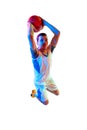 Focused man, with athletic figure, basketball player poised for shot against white studio background in neon light Royalty Free Stock Photo