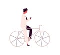 Focused man using smartphone sitting on bicycle vector flat illustration. Busy male in black and white suit holding