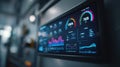 Focused medium shot of a digital dashboard displaying energy flow and usage statistics on a campus microgrid with Royalty Free Stock Photo