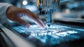 Focused medium shot of hands operating a blockchainenabled machine embedding tamperproof microchips onto academic Royalty Free Stock Photo