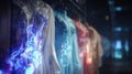 Focused medium shot of a hightech wardrobe interface displaying swirling costume designs being swapped instantly with Royalty Free Stock Photo