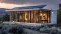 Focused medium shot of a modern prefab microhome showcasing integrated solar array onsite energyefficient windows clear Royalty Free Stock Photo