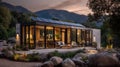 Focused medium shot of a modern prefab microhome showcasing integrated solar array onsite energyefficient windows clear Royalty Free Stock Photo