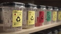 Focused medium shot of an undercounter waste bin setup with clear colorful labels for recycling and sharps background Royalty Free Stock Photo
