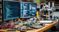 Focused medium shot of workbench cluttered with electronic components and wires with outoffocus coding screens and 3D Royalty Free Stock Photo