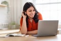 Focused woman learning with laptop at home