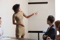 Black female speaker make flipchart presentation for employees Royalty Free Stock Photo