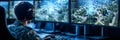 Focused Operator Monitoring Multiple Screens in Surveillance or Security Control Room, Drone View