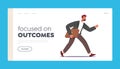 Focused on Outcomes Landing Page Template. Business Character Late in Office, Anxious Businessman Hurry at Work