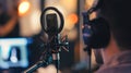 Focused Podcaster at Microphone in Studio Lighting. Generative AI Royalty Free Stock Photo