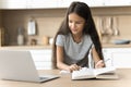 Focused positive schoolkid studying at home, watching online lesson