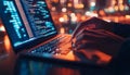 Focused programmer coding late at night, creating innovative software applications with precision. Royalty Free Stock Photo