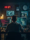Focused Programmer in Dark Server Room: Vertical Shot of a Man Hacking or Coding on Dual Monitors with Bright Code and Digital Royalty Free Stock Photo