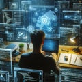A focused programmer working on a laptop surrounded by futuristic data visualizations on multiple screens, engaged in coding and