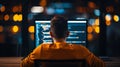 A focused programmer working late at a computer, illuminated by vibrant screen light in a cozy, tech-inspired environment