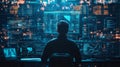 Focused programmer working late at night analyzing complex digital data streams on a large array of monitors in a dark room
