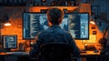 Focused programmer working on multiple screens in a home office setup