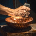 Artisan Coppersmith Forging a Hammered Bowl by Hand Royalty Free Stock Photo