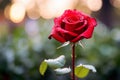 A focused red rose petal with vivid bokeh, conveying Valentines Day sentiment